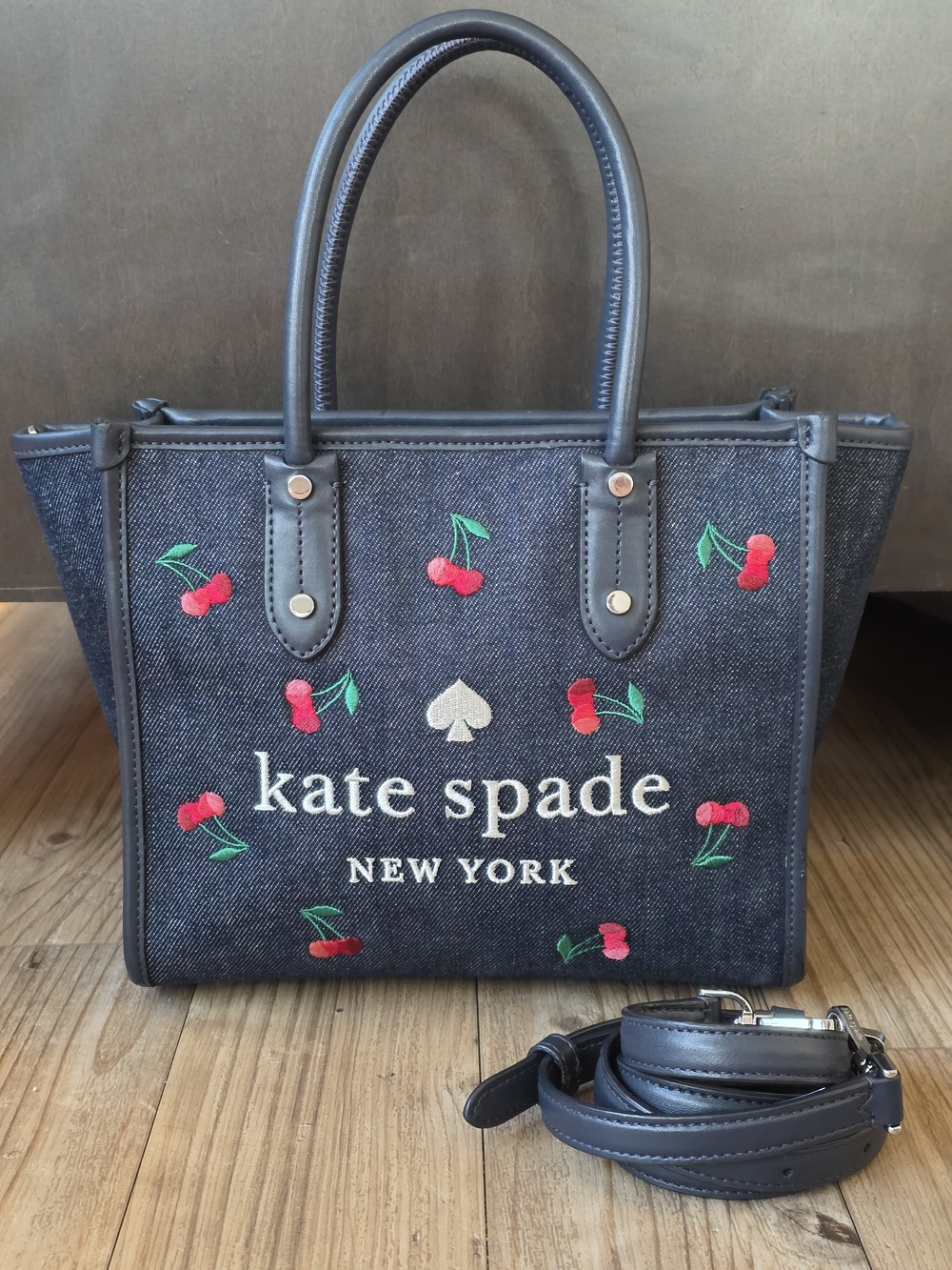 Kate Spade Ella Cherry Embroidered Small Denim Tote